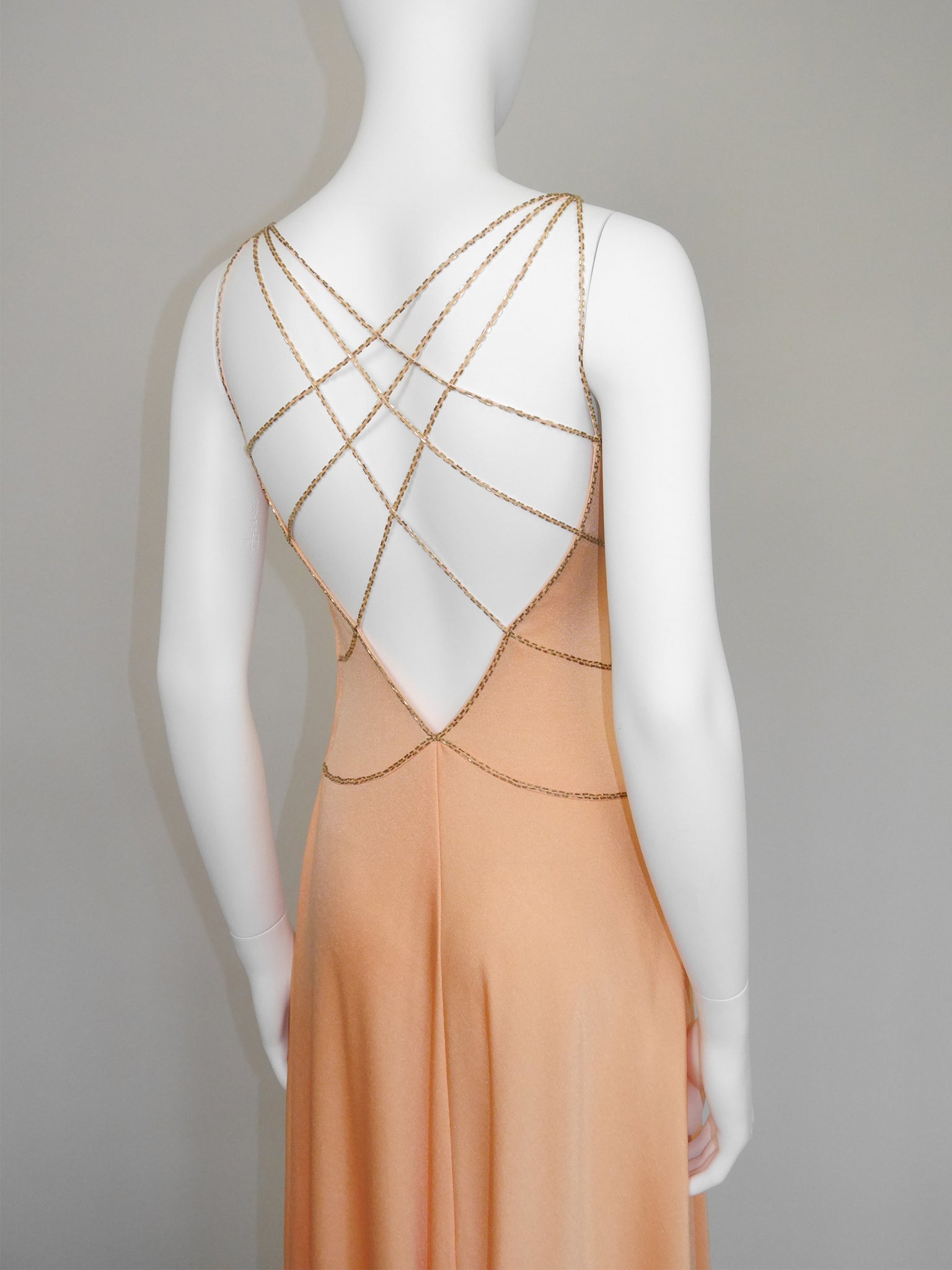 LORIS AZZARO c. 1976 Vintage Beaded Lattice Straps Maxi Evening Gown Size S