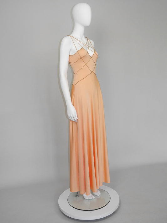 LORIS AZZARO c. 1976 Vintage Beaded Lattice Straps Maxi Evening Gown Size S