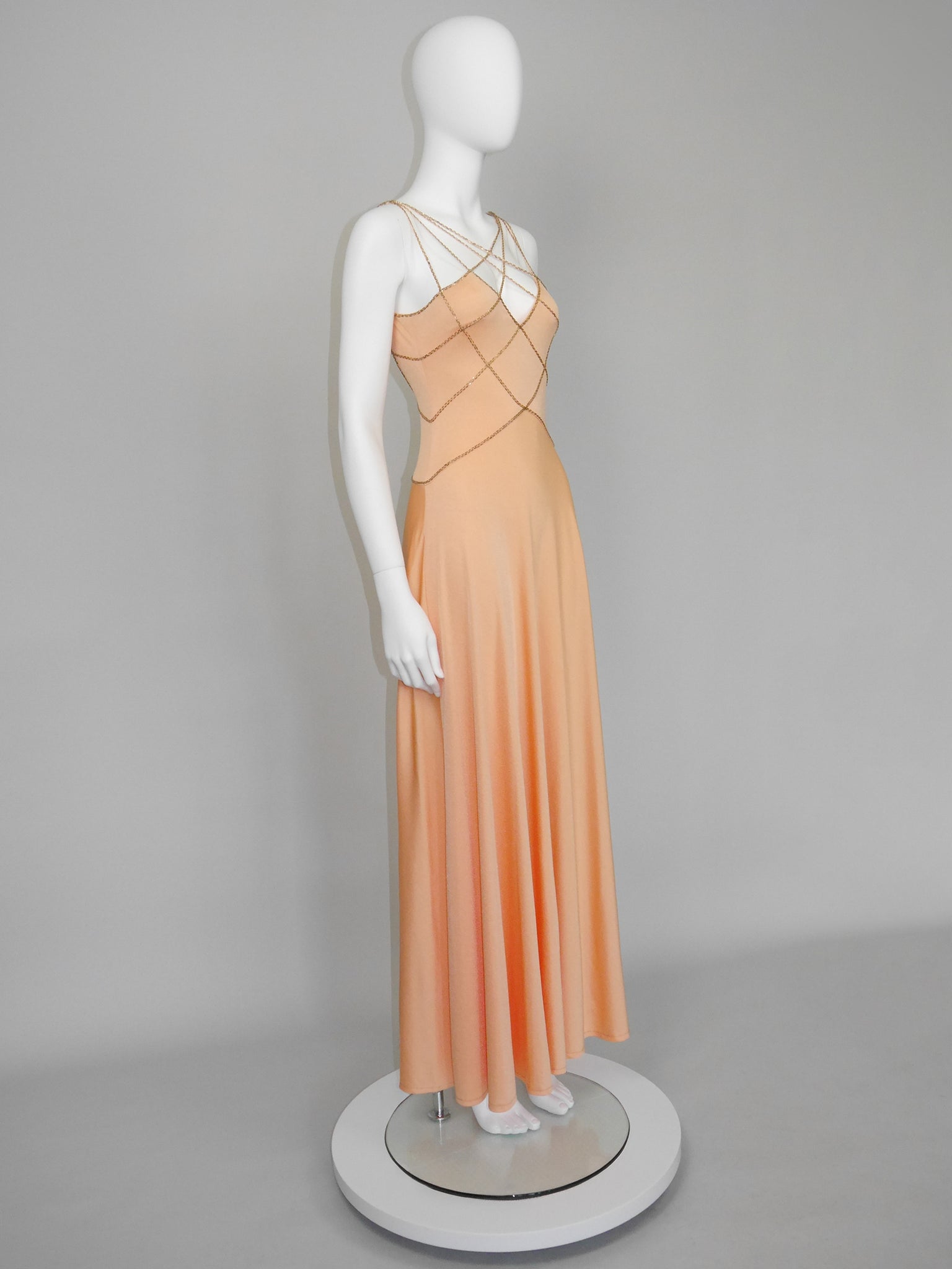 LORIS AZZARO c. 1976 Vintage Beaded Lattice Straps Maxi Evening Gown Size S