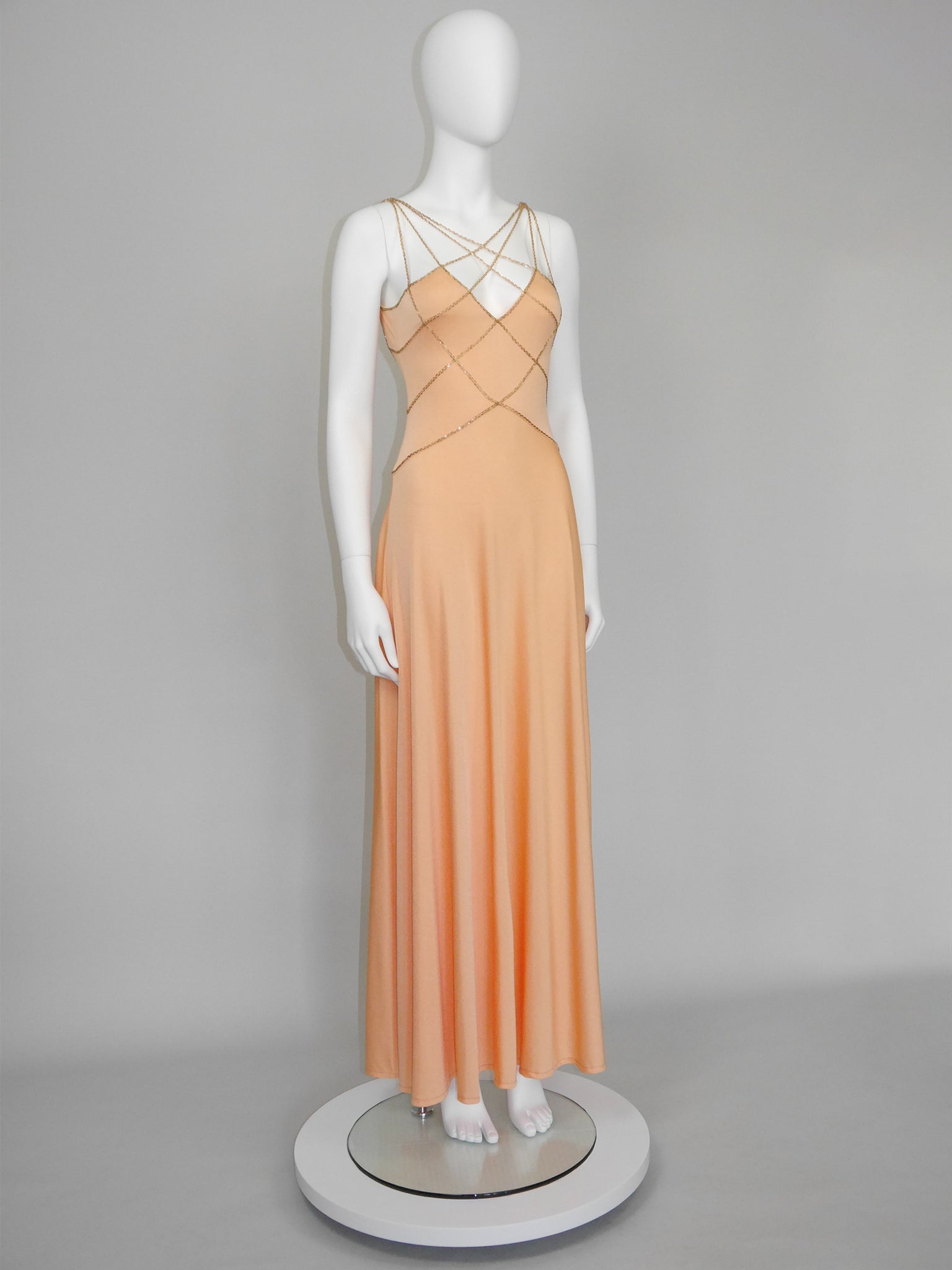 LORIS AZZARO c. 1976 Vintage Beaded Lattice Straps Maxi Evening Gown Size S