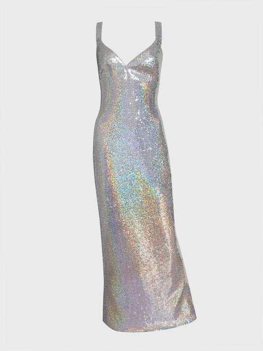 LORIS AZZARO c. 1996 Vintage Iridescent Sequin Maxi Evening Gown