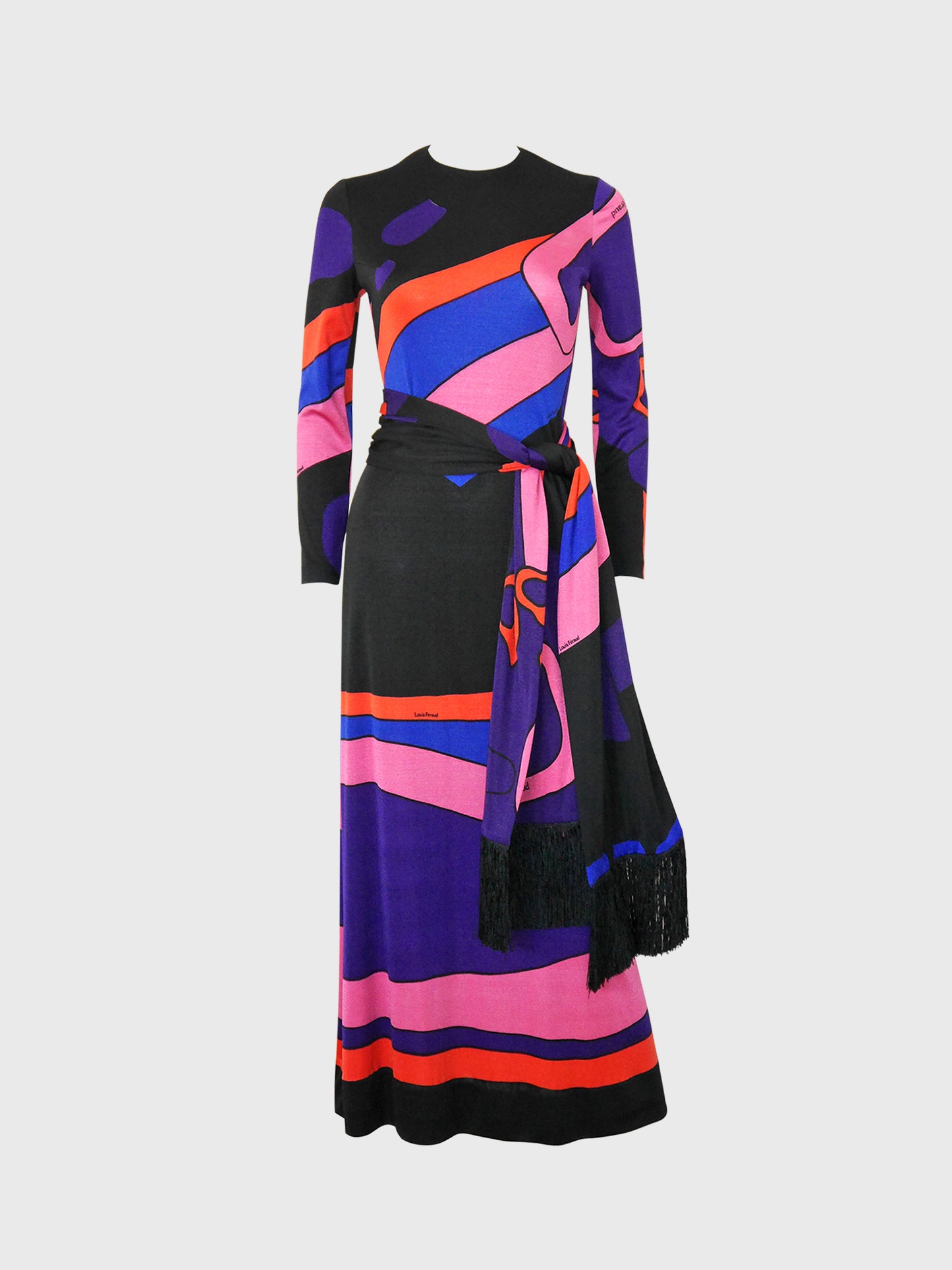 LOUIS FÉRAUD 1960s 1970s Vintage Psychedelic Graphic Print Maxi Dress & Scarf Size XS