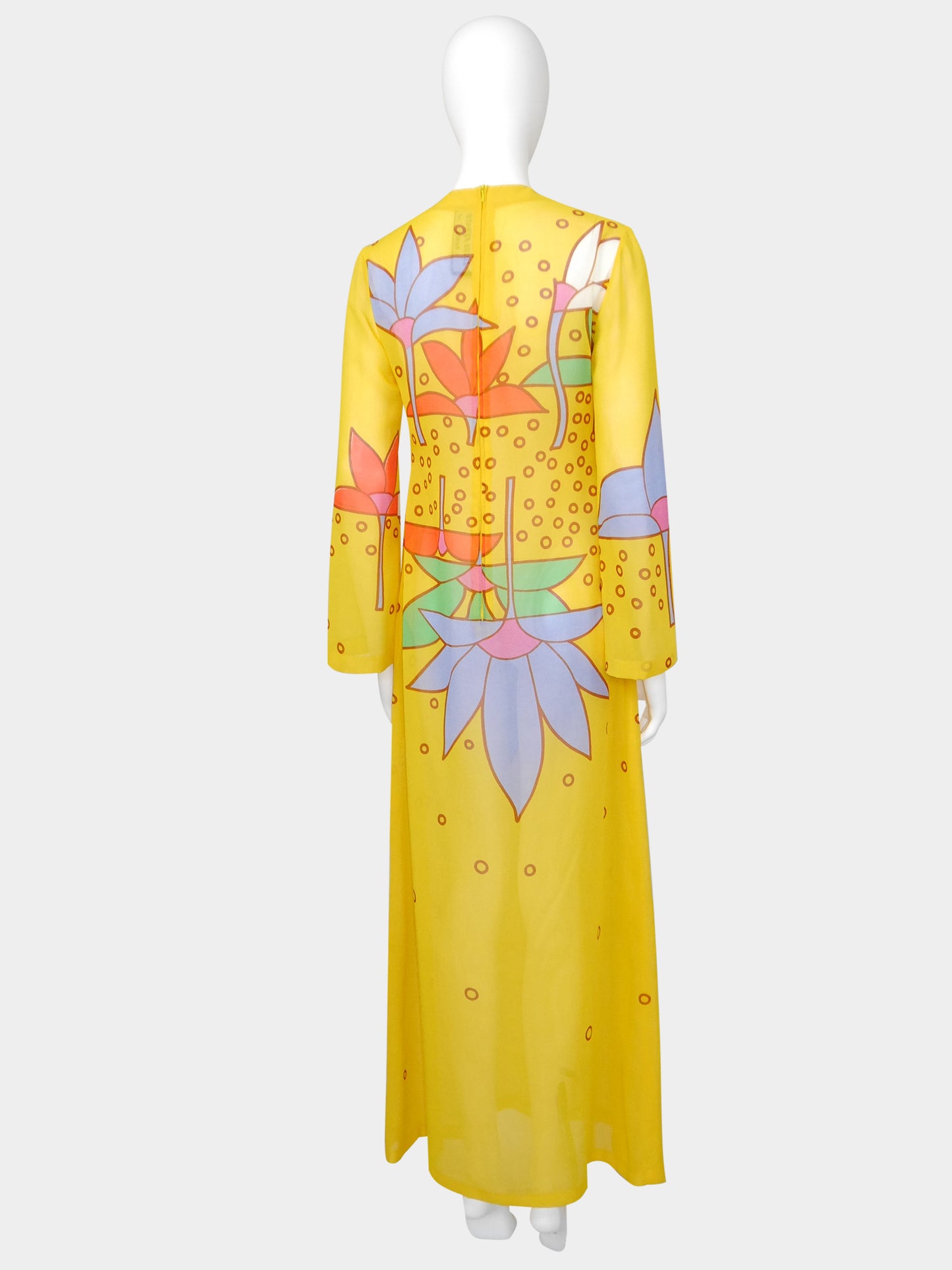 LOUIS FÉRAUD 1960s 1970s Vintage Yellow Graphic Print Maxi Dress Gown Size S