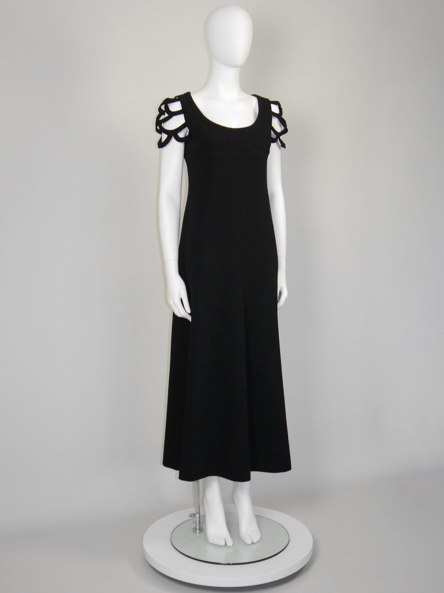 LOUIS FÉRAUD 1960s 1970s Vintage Minimalist Black Maxi Dress w/ Openwork Sleeves Size M