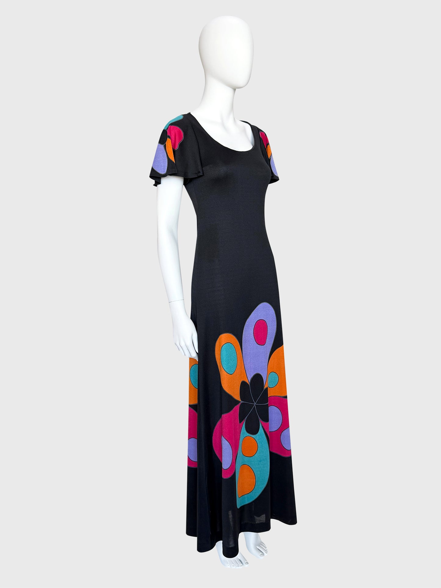 LOUIS FÉRAUD 1960s Vintage Graphic Print Maxi Dress w/ Belt Size S