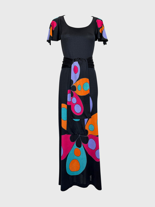 LOUIS FÉRAUD 1960s Vintage Graphic Print Maxi Dress w/ Belt Size S