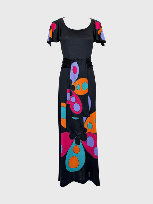 LOUIS FÉRAUD 1960s Vintage Graphic Print Maxi Dress w/ Belt Size S