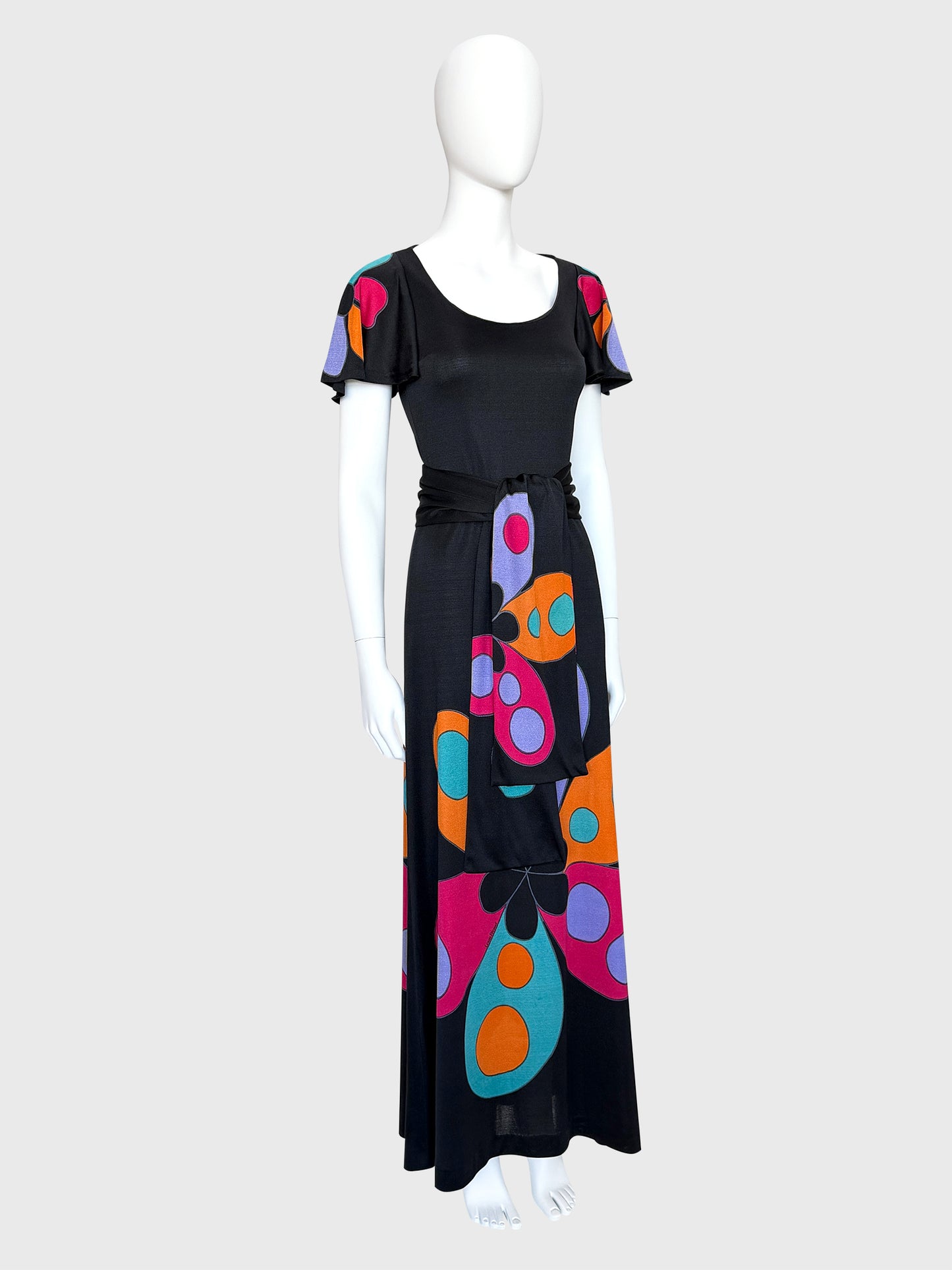 LOUIS FÉRAUD 1960s Vintage Graphic Print Maxi Dress w/ Belt Size S