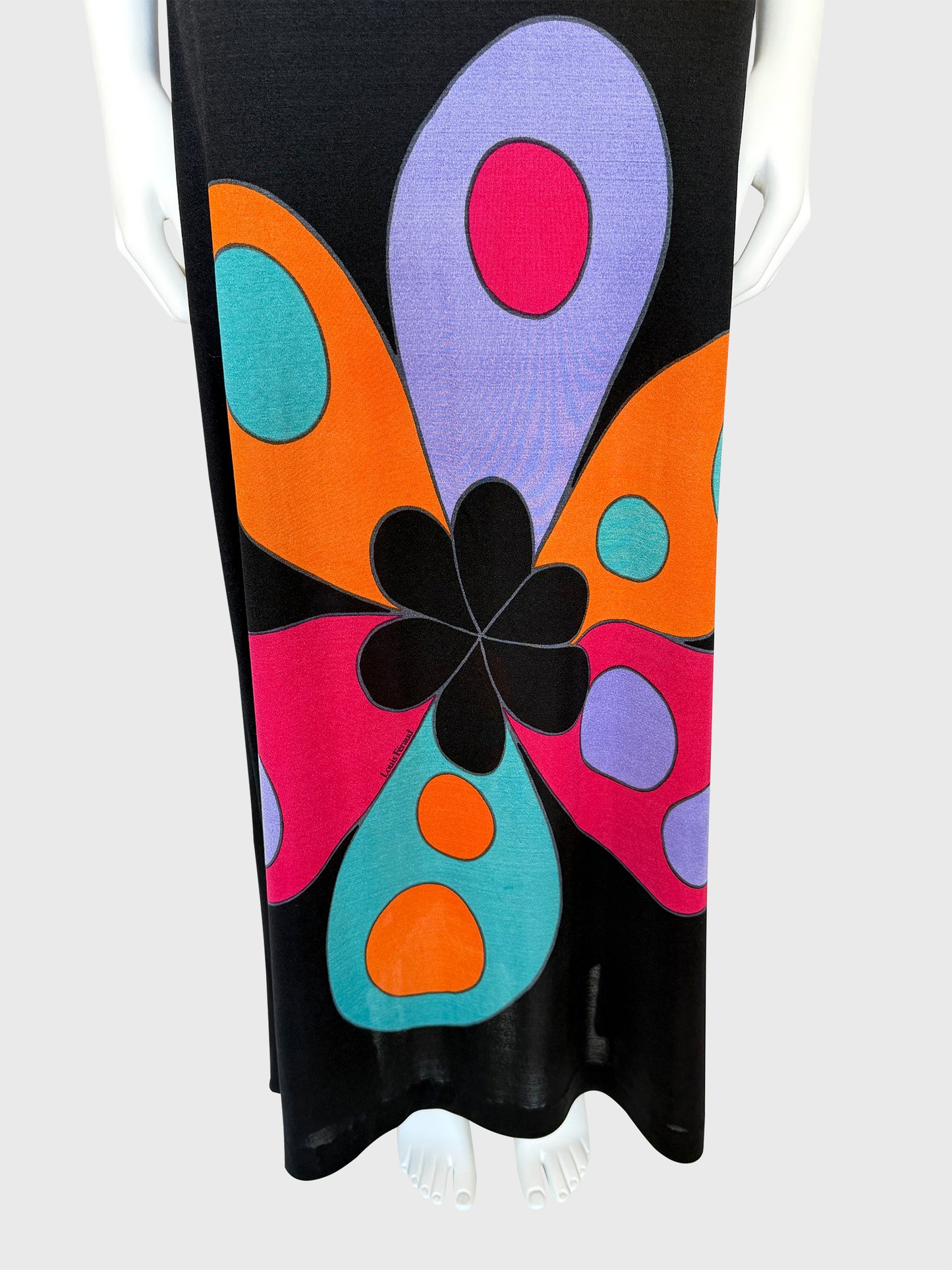 LOUIS FÉRAUD 1960s Vintage Graphic Print Maxi Dress w/ Belt Size S