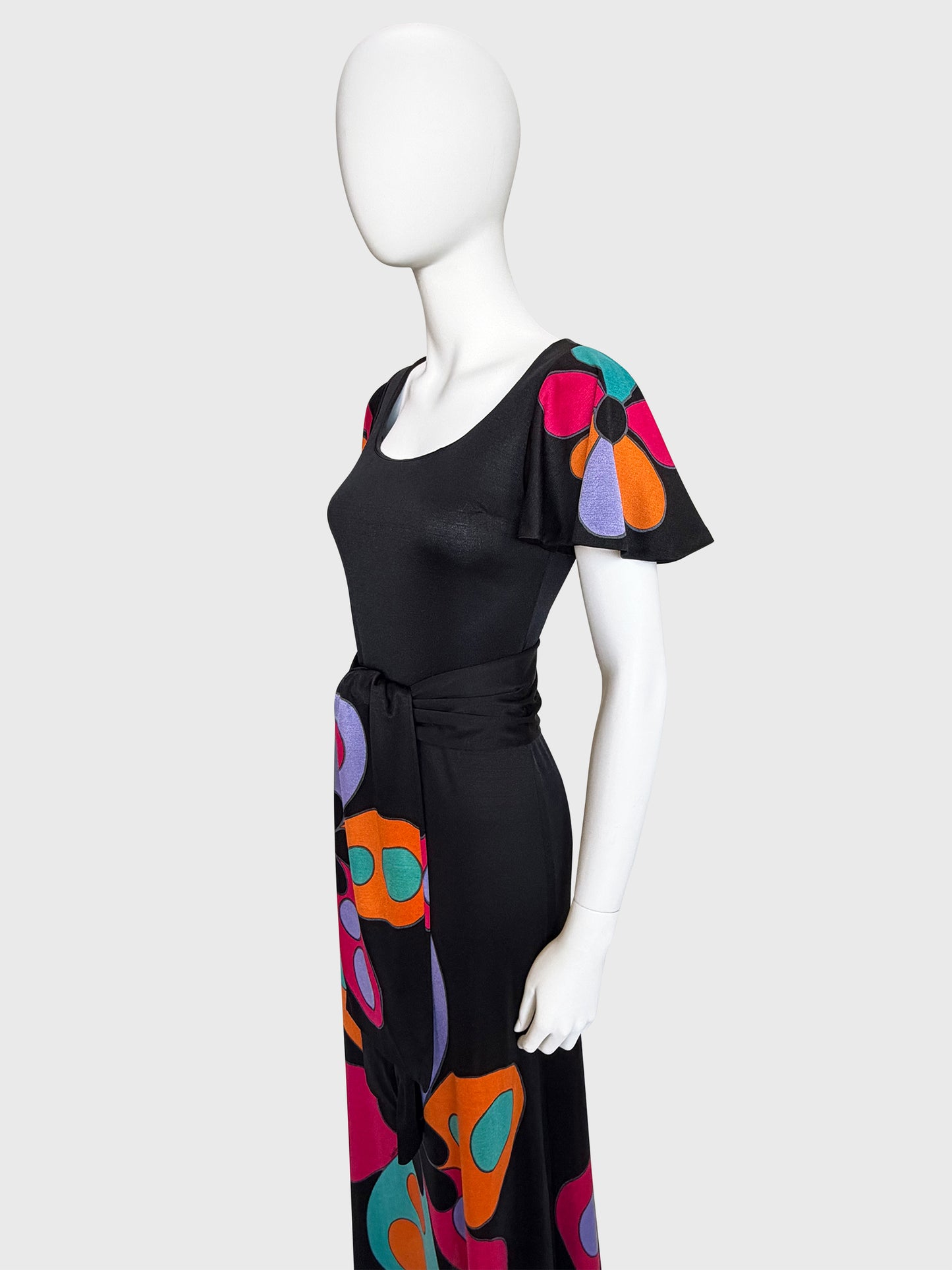 LOUIS FÉRAUD 1960s Vintage Graphic Print Maxi Dress w/ Belt Size S