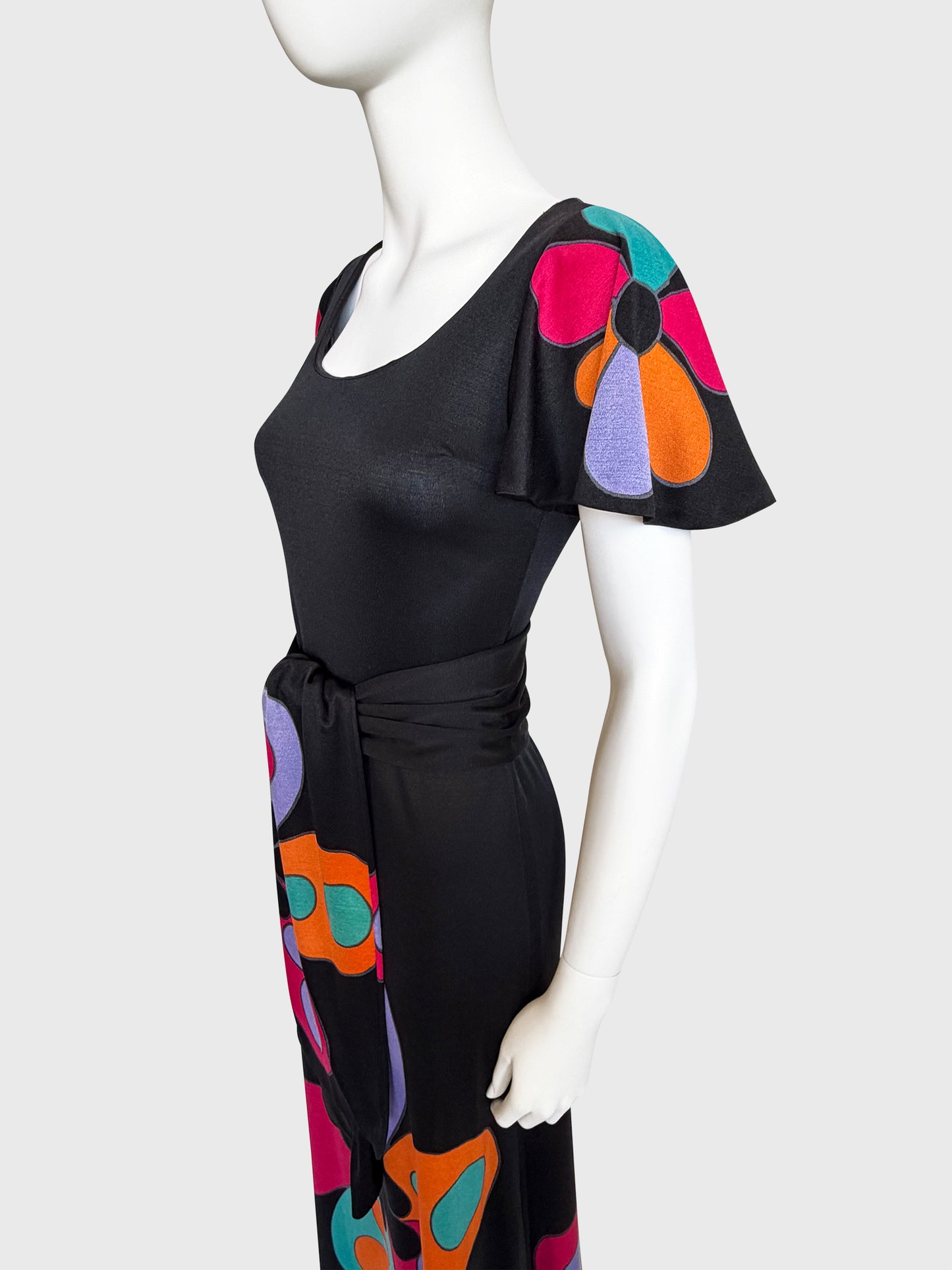 LOUIS FÉRAUD 1960s Vintage Graphic Print Maxi Dress w/ Belt Size S