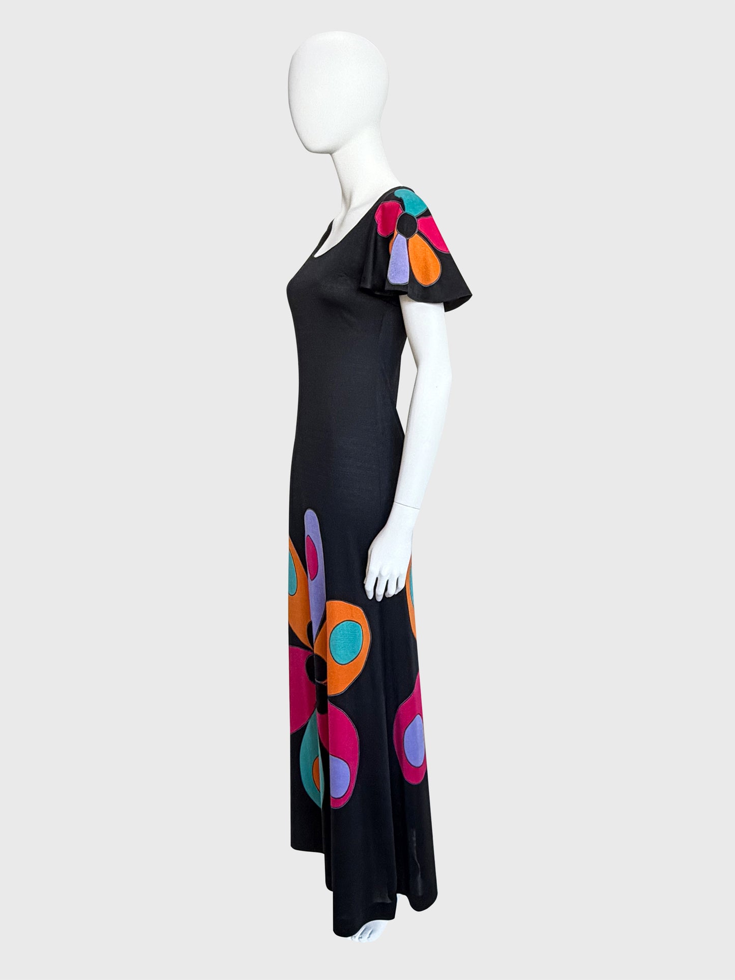 LOUIS FÉRAUD 1960s Vintage Graphic Print Maxi Dress w/ Belt Size S