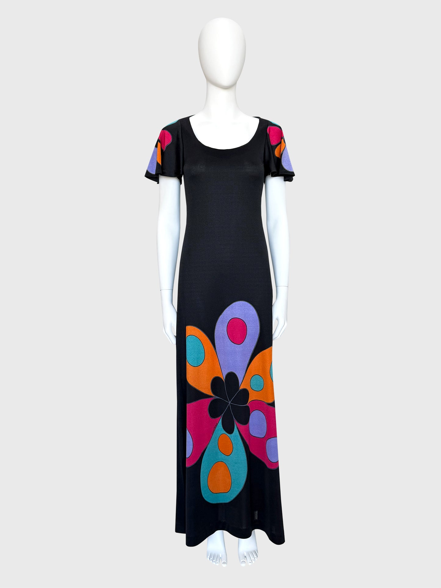 LOUIS FÉRAUD 1960s Vintage Graphic Print Maxi Dress w/ Belt Size S