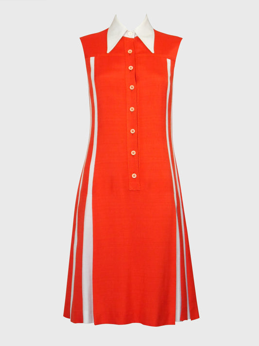 LOUIS FÉRAUD 1970s Vintage Orange Sleeveless Day Dress w/ Box Pleats Size S