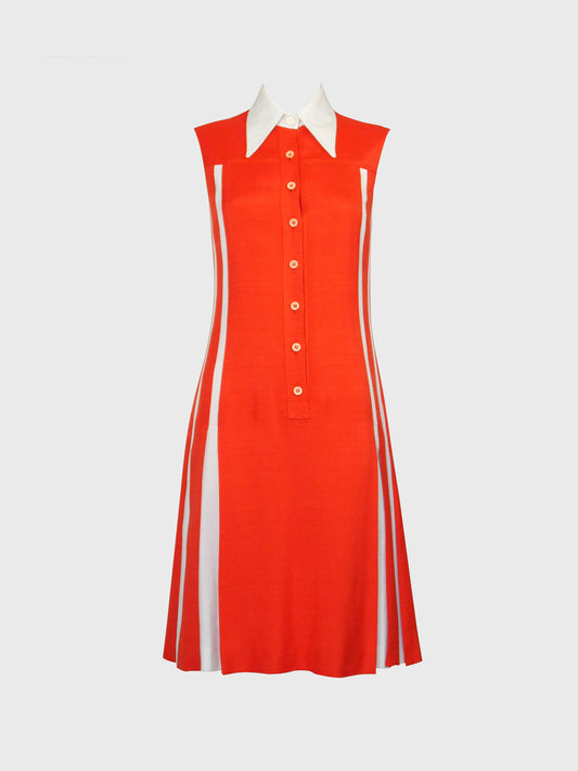 LOUIS FÉRAUD 1970s Vintage Orange Sleeveless Day Dress w/ Box Pleats Size S