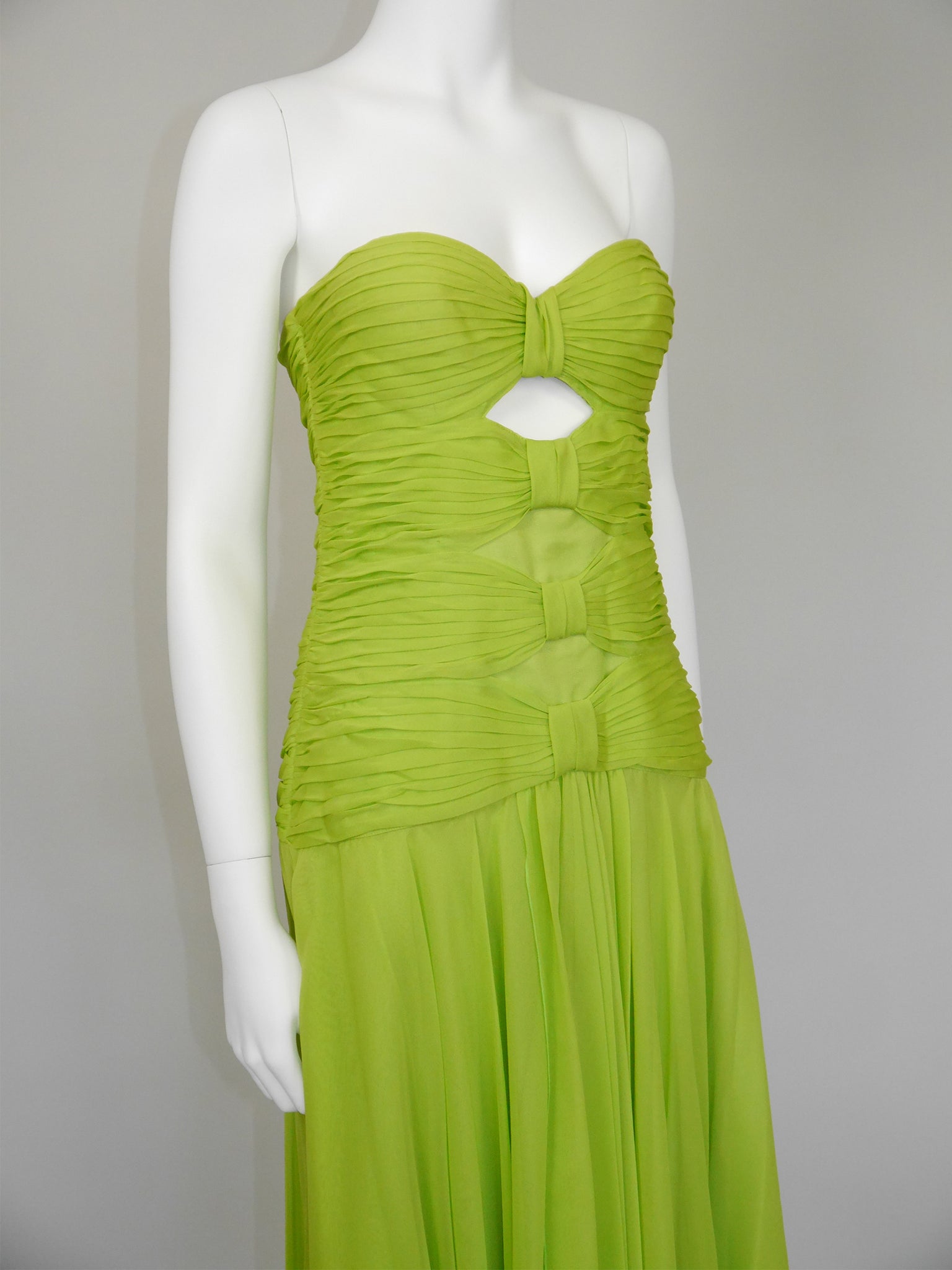 LOUIS FÉRAUD 1980s Vintage Lime Green Silk Bustier Evening Dress Size M