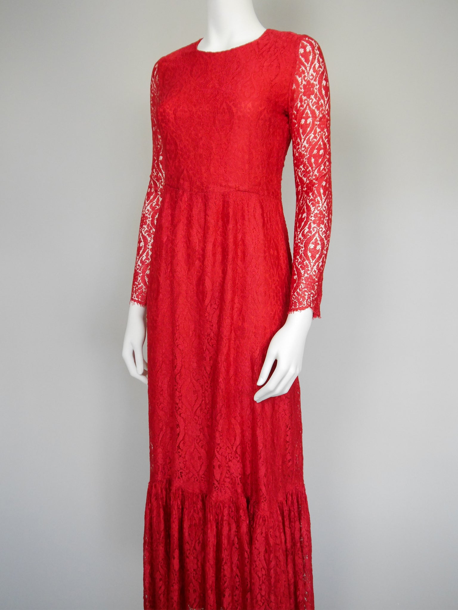 MISS DIOR by Christian Dior c. 1970 Vintage Red Lace Maxi Evening Gown Size S