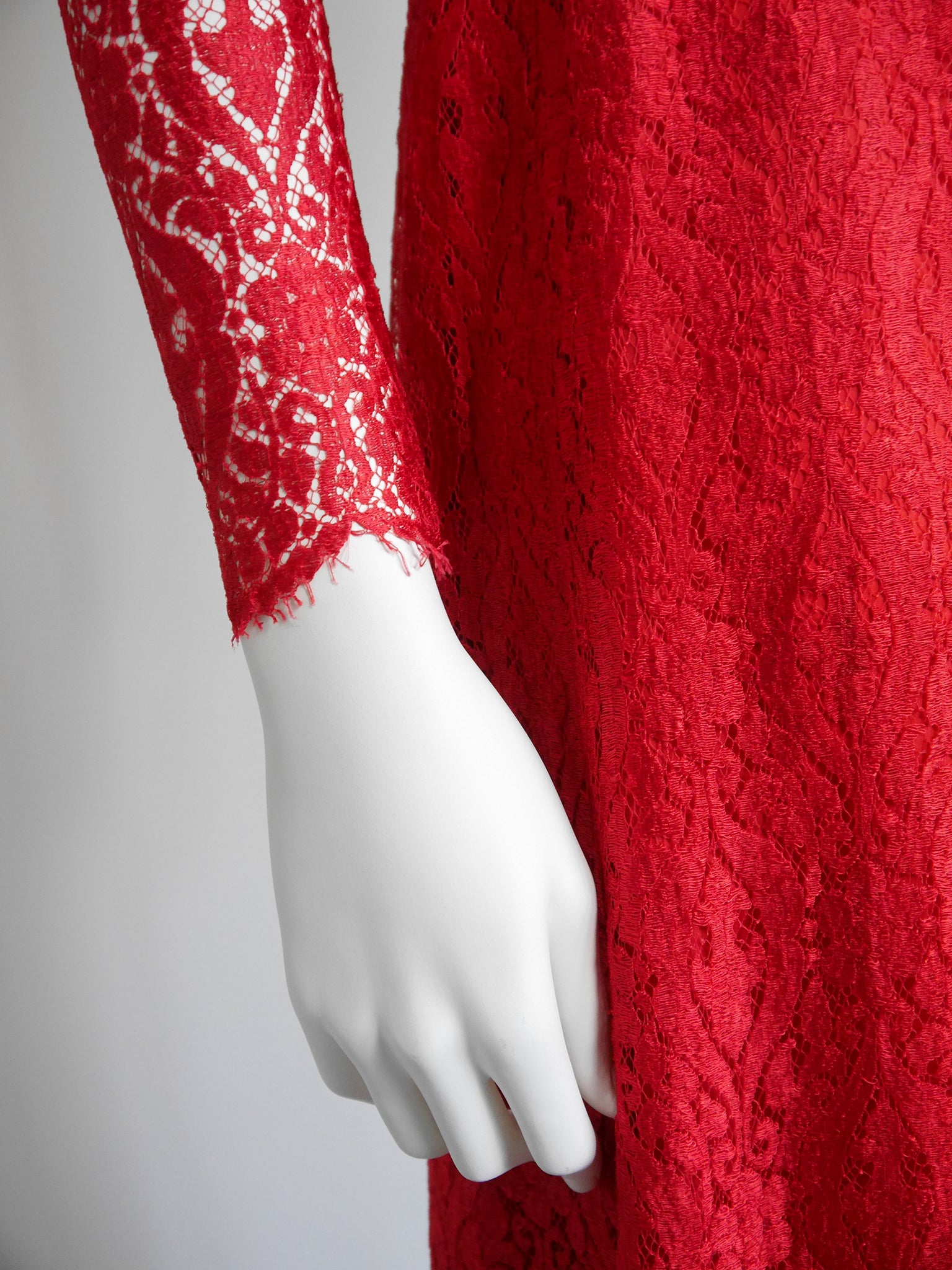 MISS DIOR by Christian Dior c. 1970 Vintage Red Lace Maxi Evening Gown Size S