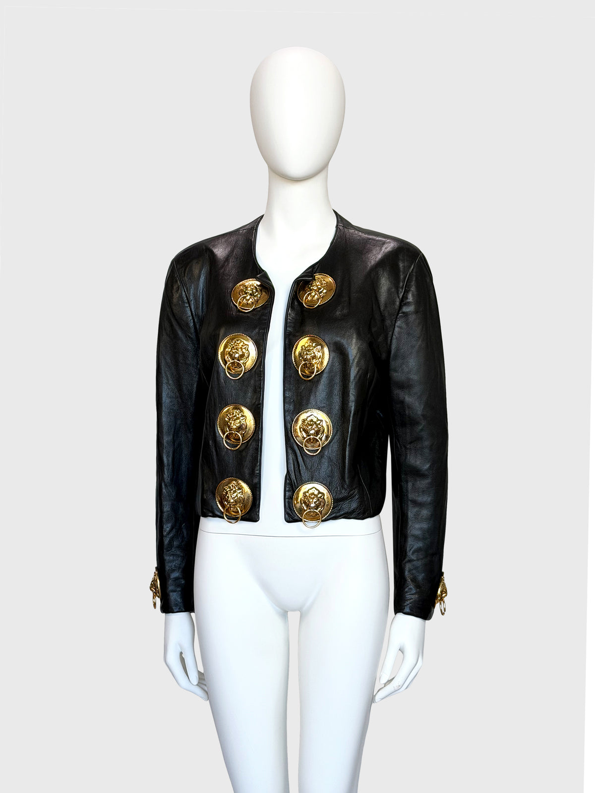 MOSCHINO c. 1989 Vintage Black Leather Jacket w/ Doorknocker Lion Head Buttons Size XL