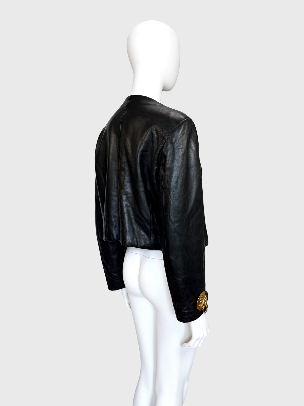 MOSCHINO c. 1989 Vintage Black Leather Jacket w/ Doorknocker Lion Head Buttons Size XL