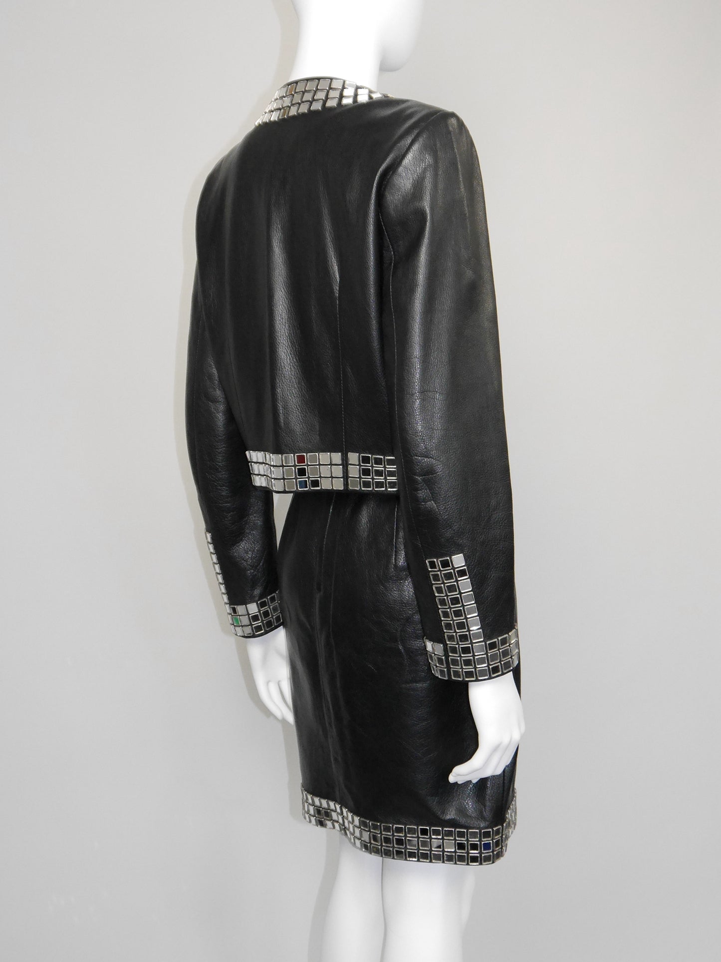 MOSCHINO 1980s 1990s Vintage Mirrored Black Leather Jacket & Skirt Suit Size S