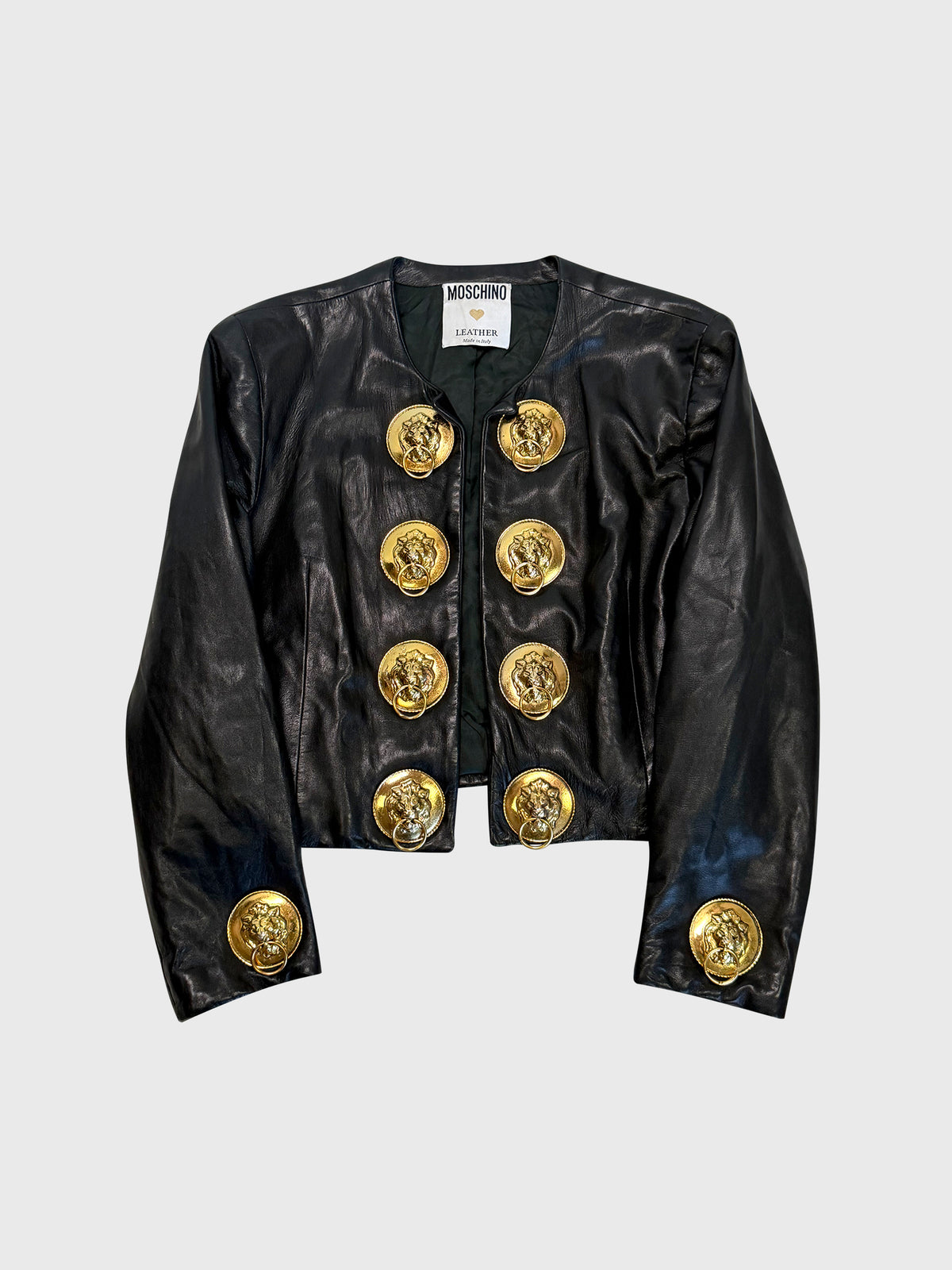 MOSCHINO c. 1989 Vintage Black Leather Jacket w/ Lion Head Buttons