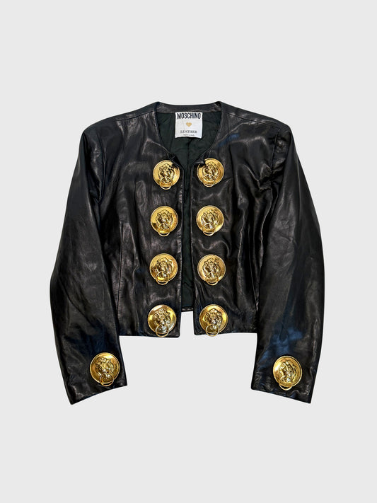 MOSCHINO c. 1989 Vintage Black Leather Jacket w/ Lion Head Buttons