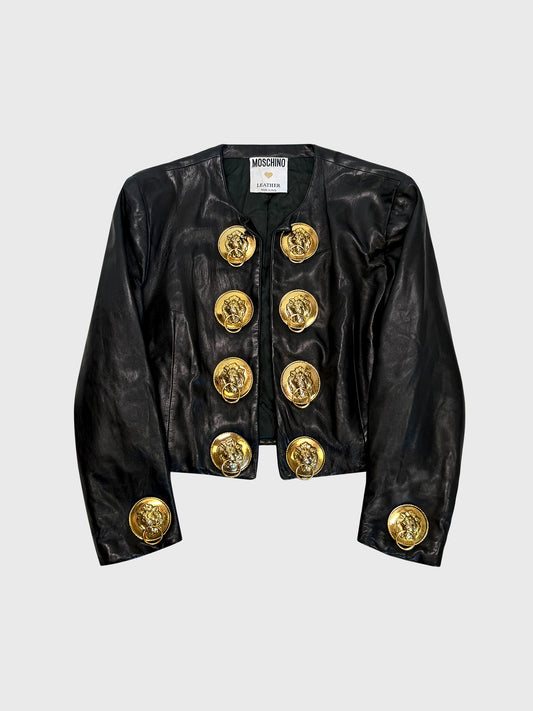 MOSCHINO c. 1989 Vintage Black Leather Jacket w/ Lion Head Buttons