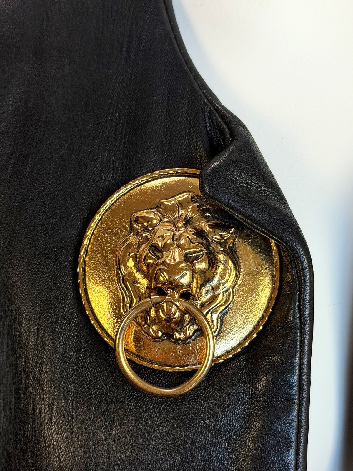 MOSCHINO c. 1989 Vintage Black Leather Jacket w/ Doorknocker Lion Head Buttons Size XL