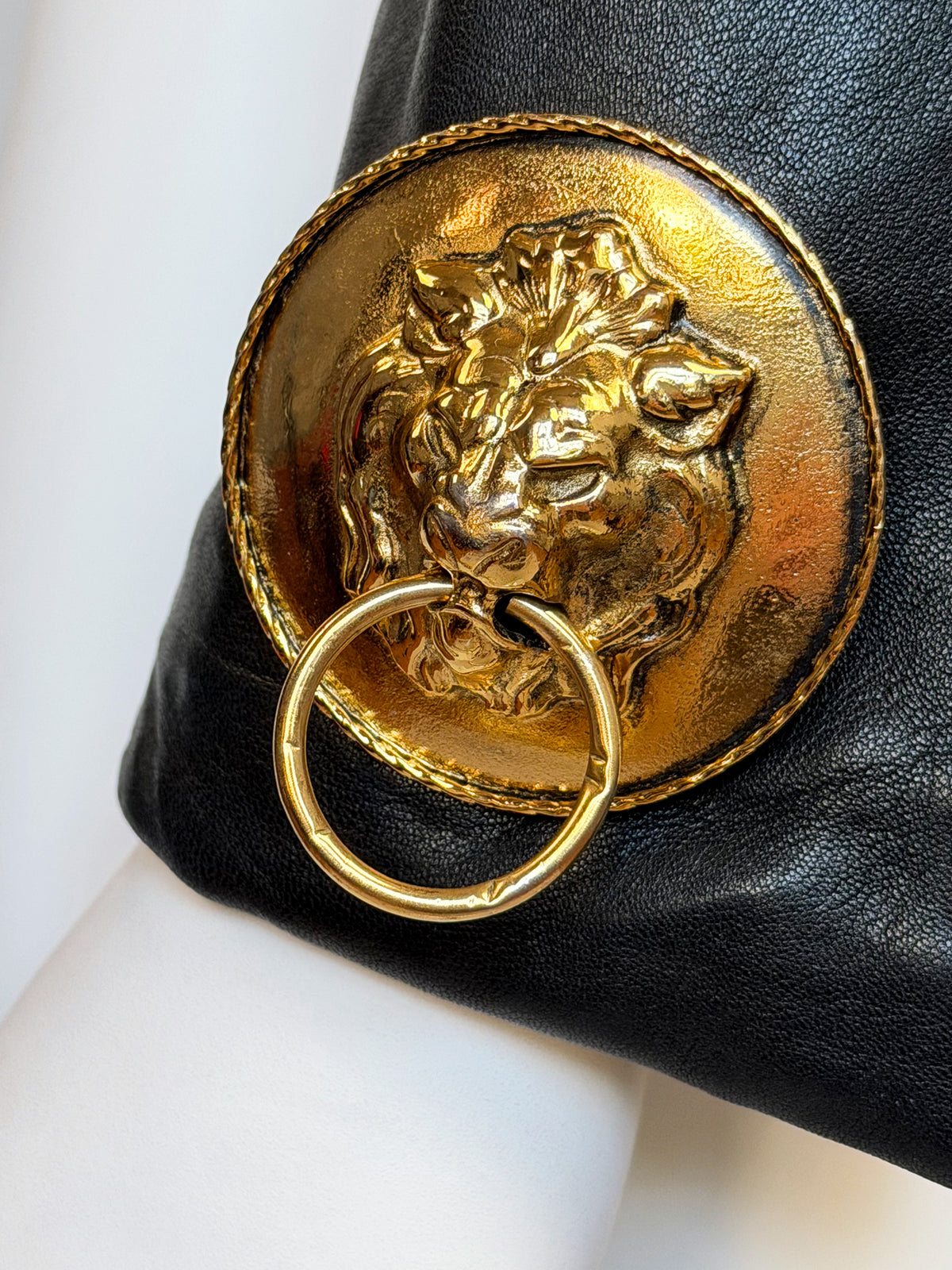 MOSCHINO c. 1989 Vintage Black Leather Jacket w/ Doorknocker Lion Head Buttons Size XL
