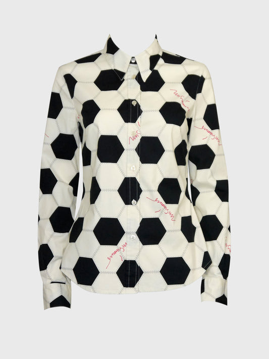 MOSCHINO 1990s 2000s Vintage Soccer Ball Print Shirt Blouse Size S