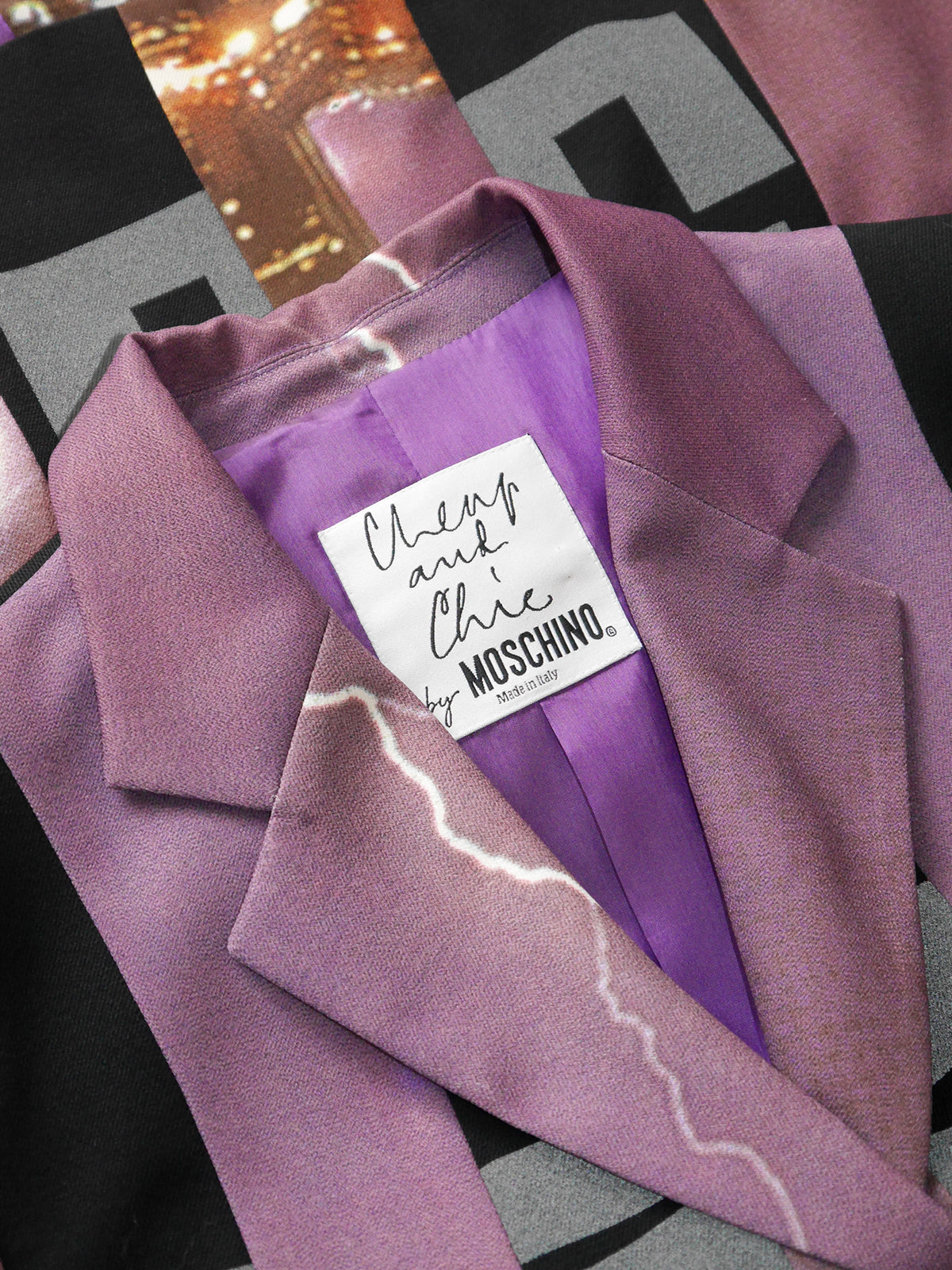 MOSCHINO 1990s Vintage "Motion Energy" Lightning Bolt Flash Reflective Slogan Jacket