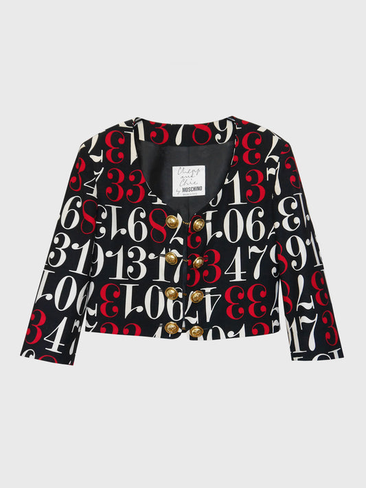 MOSCHINO 1990s Vintage Numbers Print Cropped Bolero Jacket w/ Cufflink Style Buttons