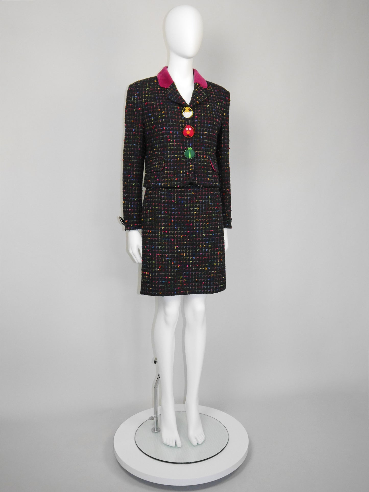 MOSCHINO 1990s Vintage "Push for Nature" Bouclé Jacket & Skirt Suit Size S-M