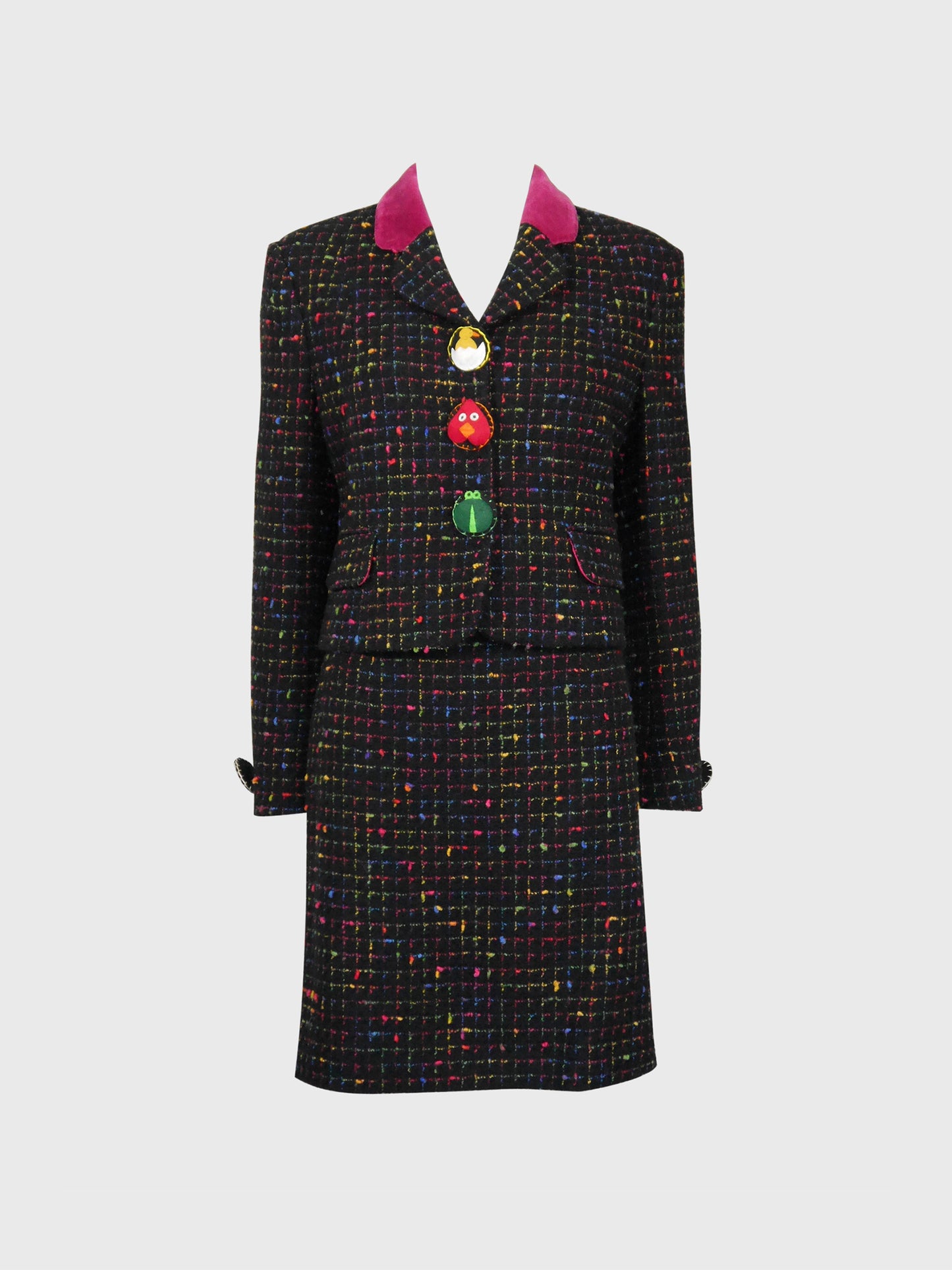 MOSCHINO 1990s Vintage "Push for Nature" Bouclé Jacket & Skirt Suit Size S-M