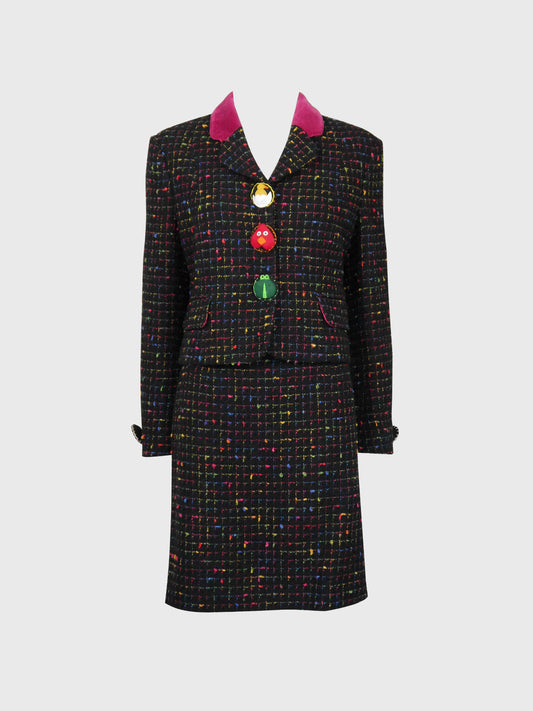 MOSCHINO 1990s Vintage "Push for Nature" Bouclé Jacket & Skirt Suit Size S-M