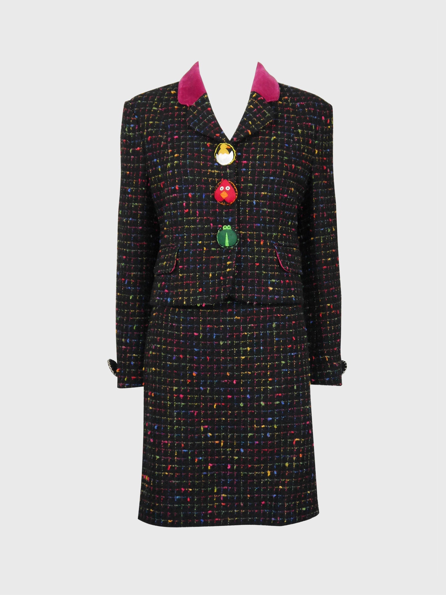 MOSCHINO 1990s Vintage "Push for Nature" Bouclé Jacket & Skirt Suit Size S-M