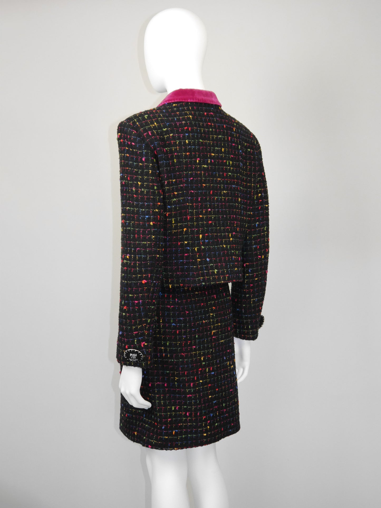 MOSCHINO 1990s Vintage "Push for Nature" Bouclé Jacket & Skirt Suit Size S-M