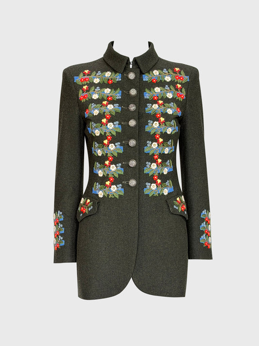 MOSCHINO Couture! 1990s Vintage Jacket w/ Floral Embroidery Country Style Size XS