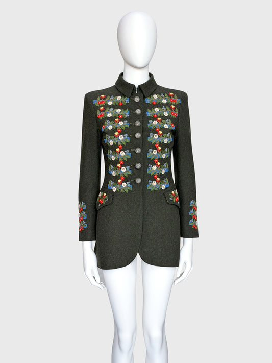 MOSCHINO Couture! 1990s Vintage Jacket w/ Floral Embroidery Country Style Size XS