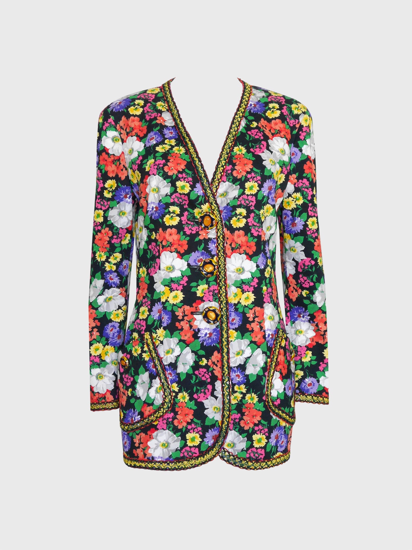 MOSCHINO Couture! 1990s Vintage Floral Long Jacket w/ Jeweled Statement Buttons Size M