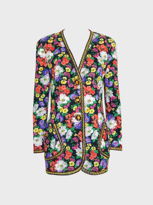 MOSCHINO Couture! 1990s Vintage Floral Long Jacket w/ Jeweled Statement Buttons Size M