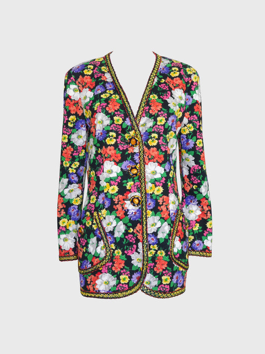 MOSCHINO Couture! 1990s Vintage Floral Long Jacket w/ Jeweled Statement Buttons Size M