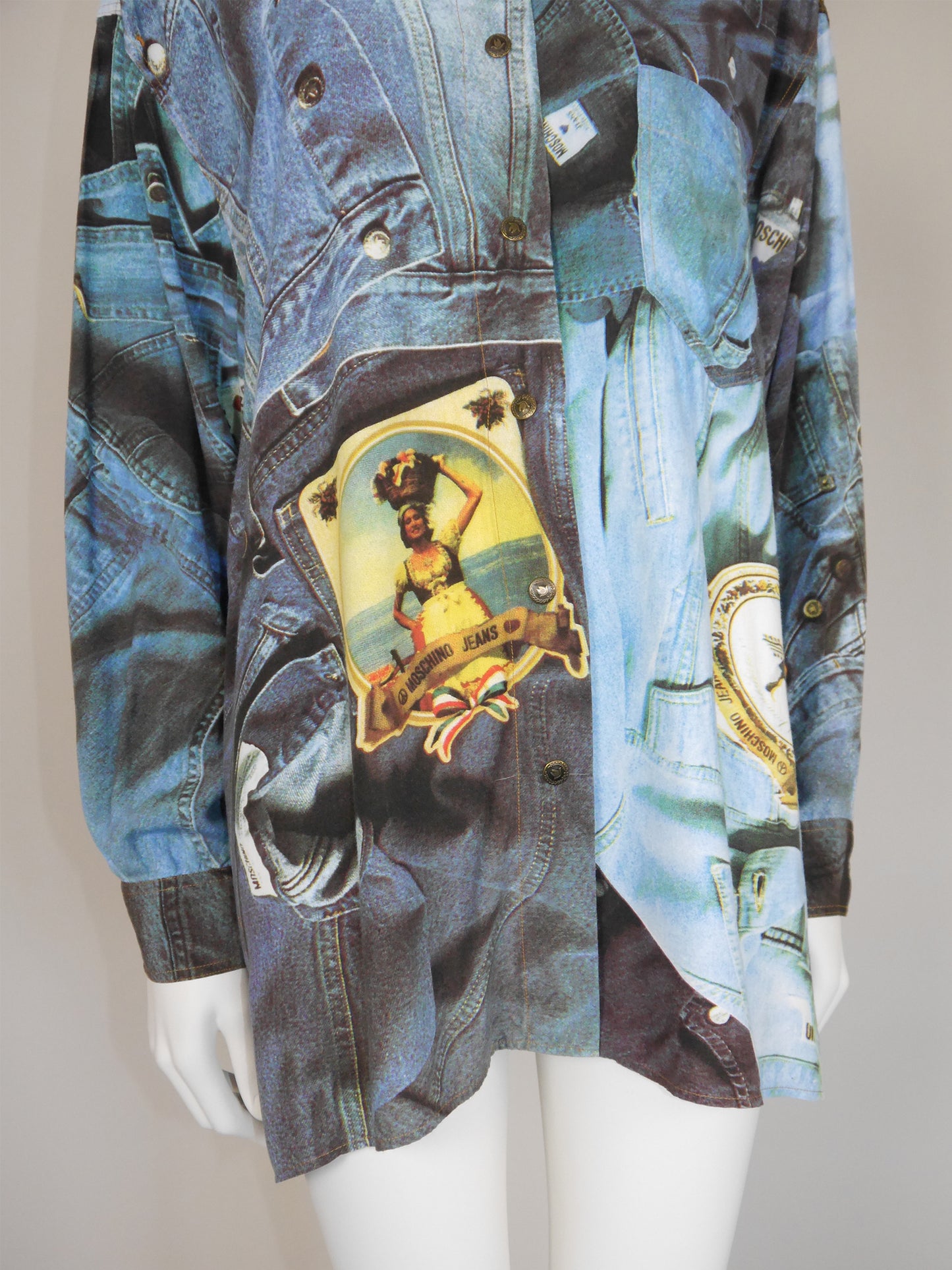 MOSCHINO Jeans 1980s 1990s Vintage Trompe l'Oeil "Denim" Oversized Shirt Size L One-Size