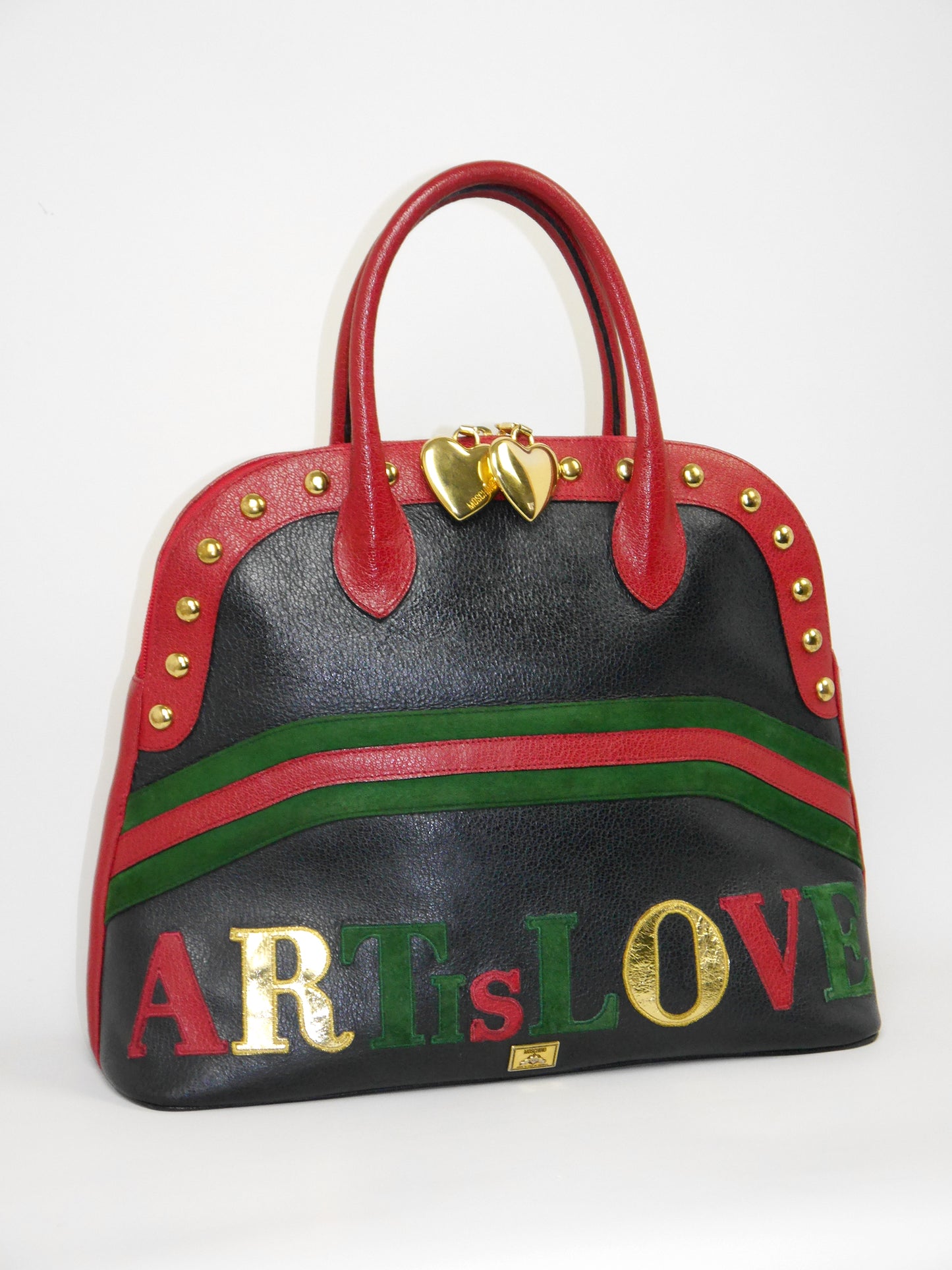 MOSCHINO by Redwall c. 1990 "ART IS LOVE" Vintage Studded Heart Handbag