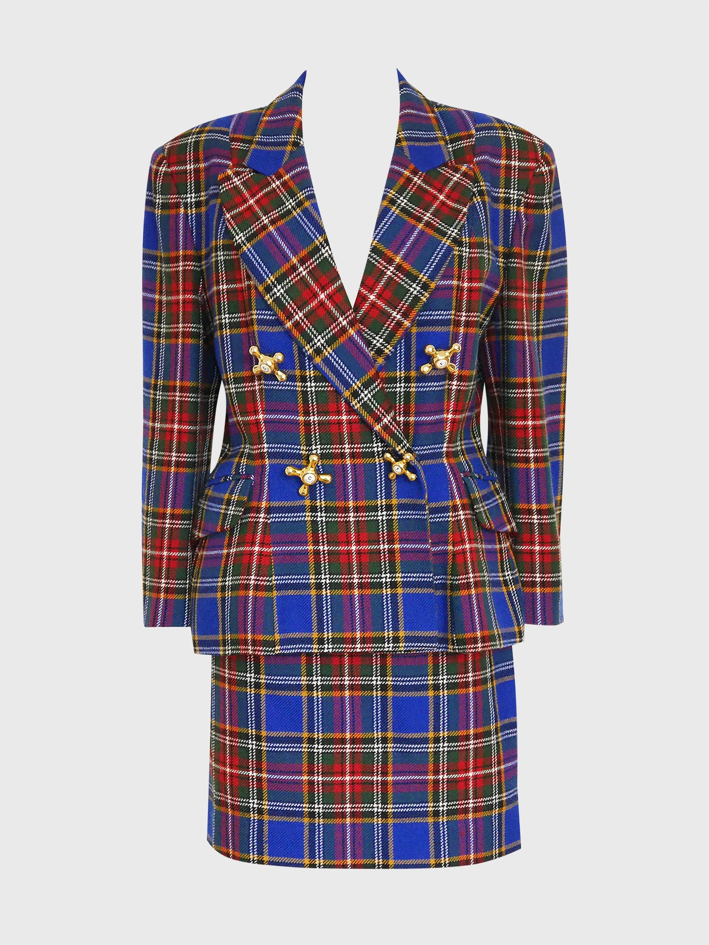 MOSCHINO Vintage Blue Checkered Tartan Faucet Jacket & Skirt Suit