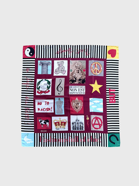 MOSCHINO 1990s Vintage Silk Scarf Insignia & Slogan Print 81x84 cm