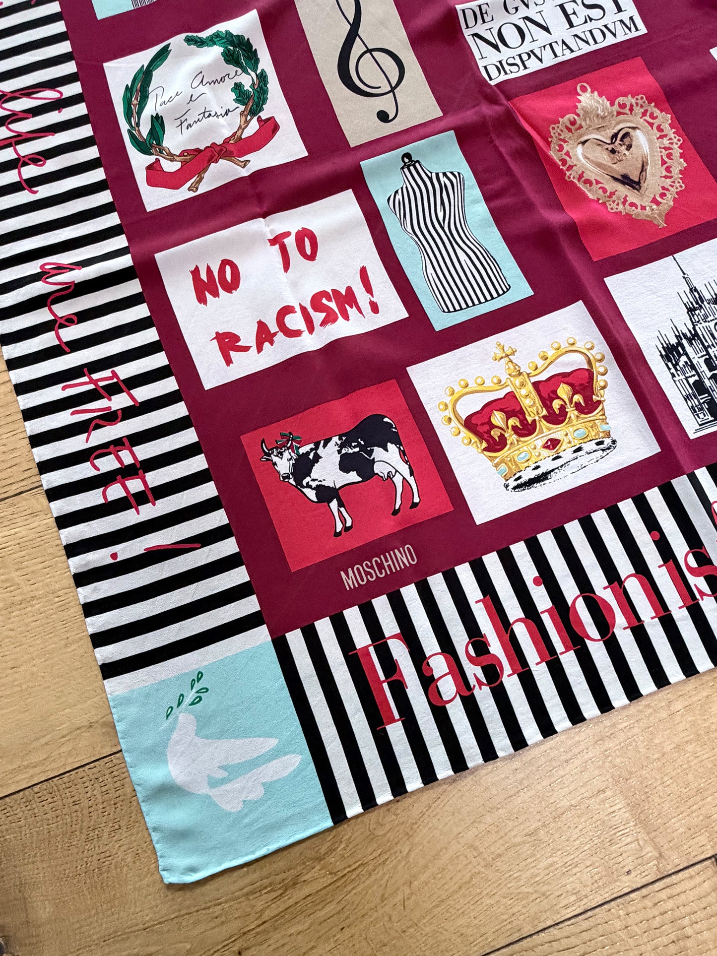 MOSCHINO 1990s Vintage Silk Scarf Insignia & Slogan Print 81x84 cm