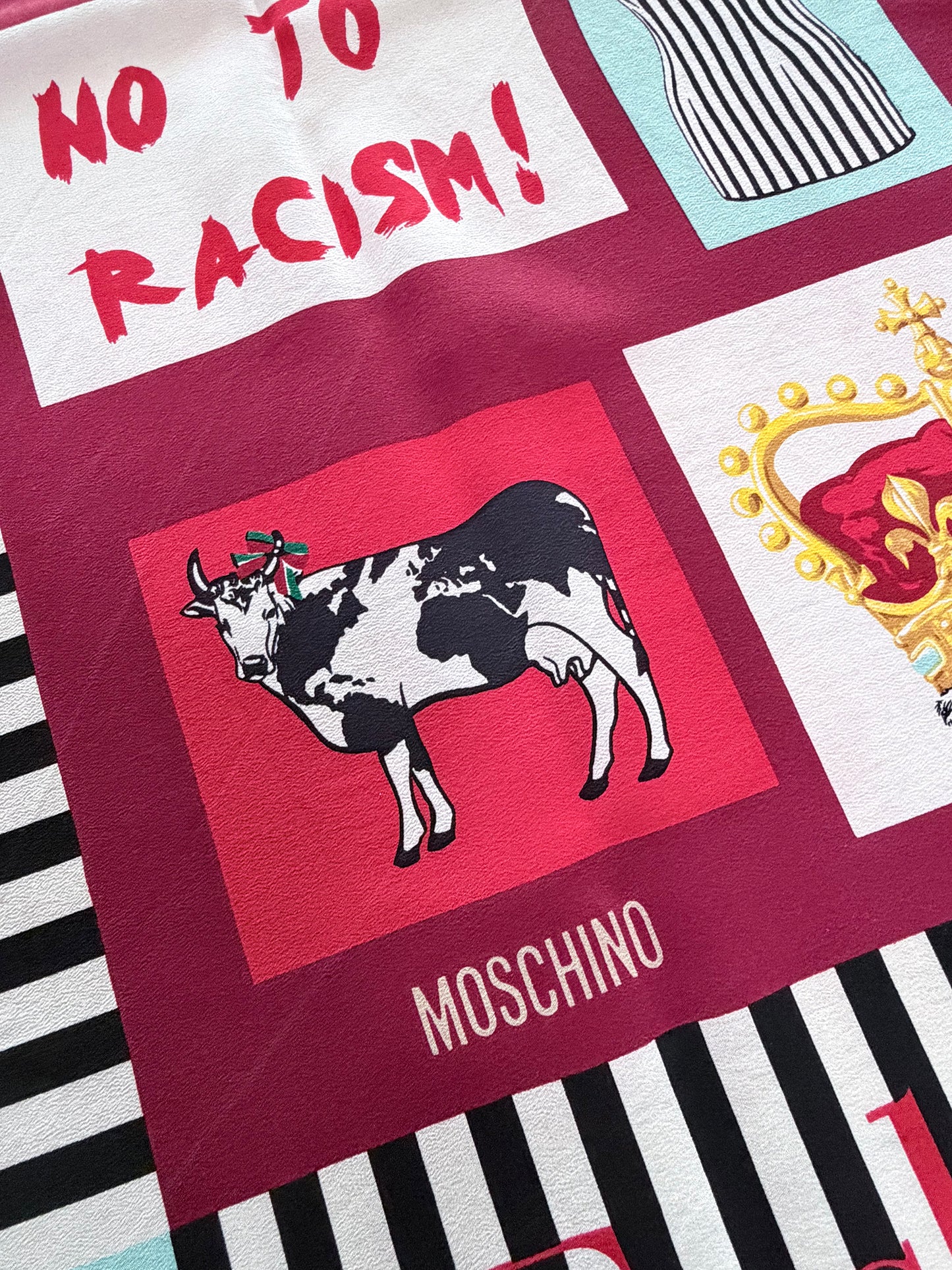 MOSCHINO 1990s Vintage Silk Scarf Insignia & Slogan Print 81x84 cm