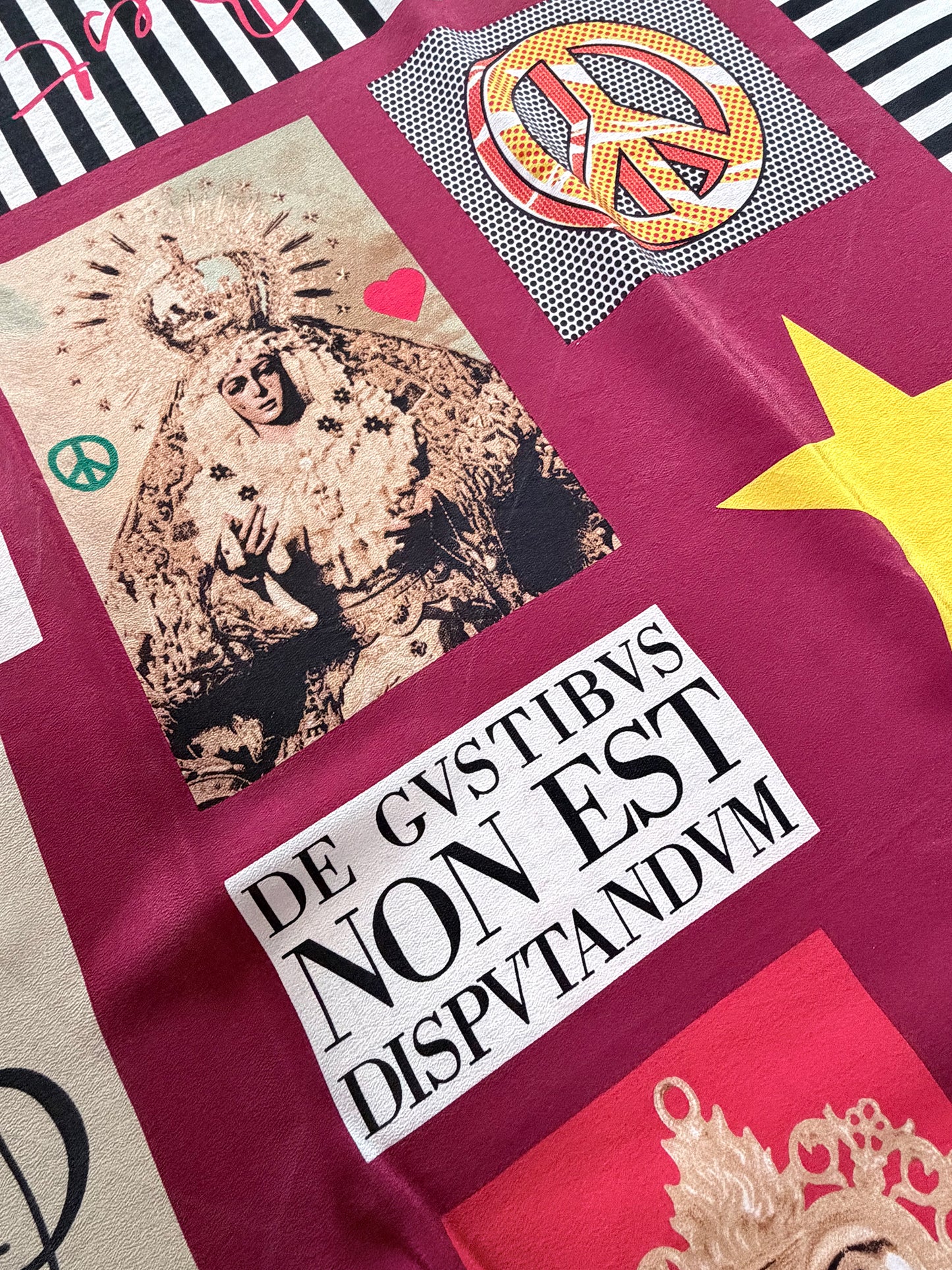 MOSCHINO 1990s Vintage Silk Scarf Insignia & Slogan Print 81x84 cm